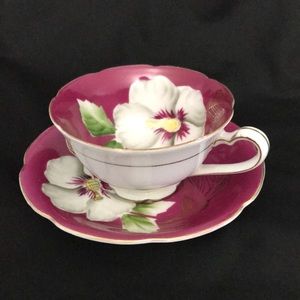 Vintage Princess China Occupied Japan Pink Teacup & Saucer White Hibiscus Flower